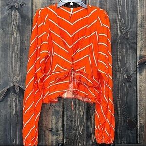 Free‎ People Samifran Blouse S Crop Tie Front Balloon Sleeve Chevron Orange Boho